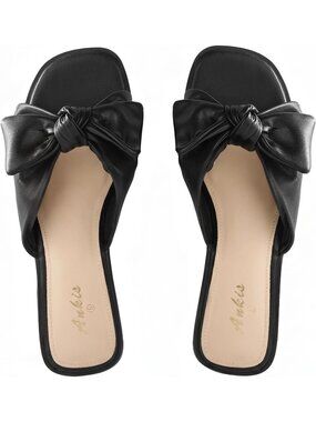 🆕Women's Black Bow Flat Sandals Square Open Toe Dressy Comfortable Slides